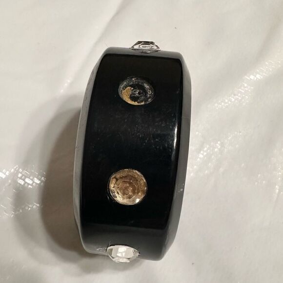 Vintage 50s Black Bakelite (?) Plastic and rhinestone Bangles Bracelets - Picture 11 of 13